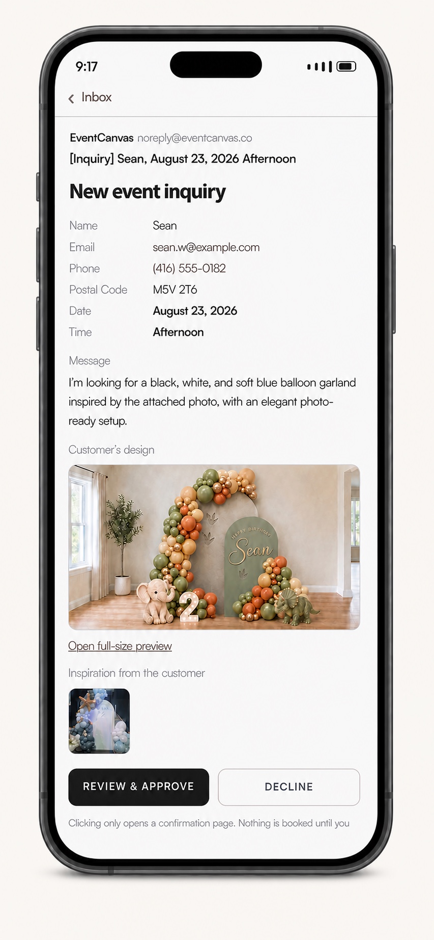 A complete phone showing the inquiry email with customer details, zoo design, inspiration photo, and approval actions
