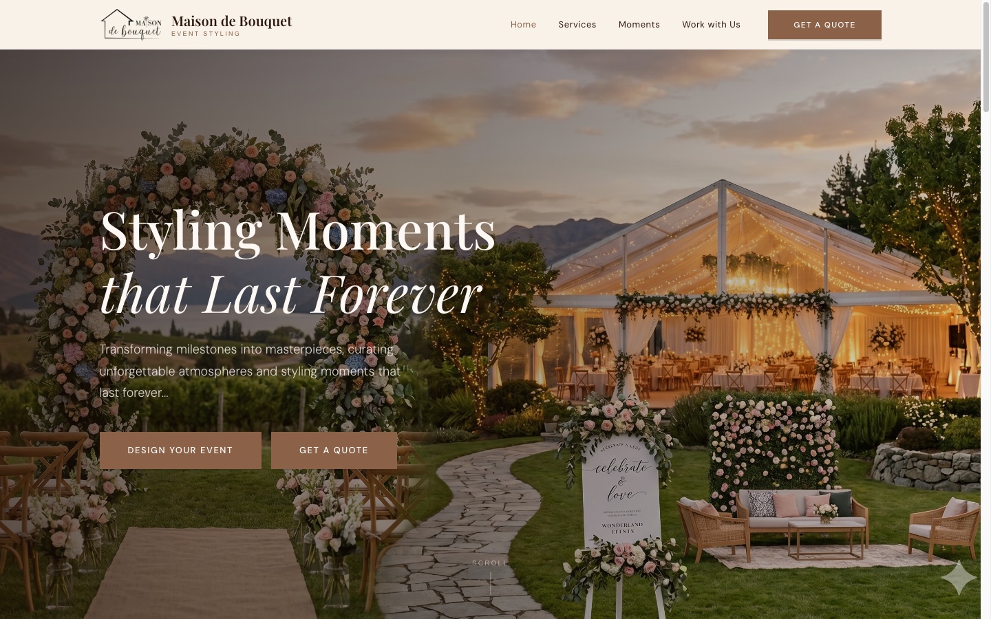 Maison de Bouquet EventCanvas homepage with an elegant outdoor wedding hero