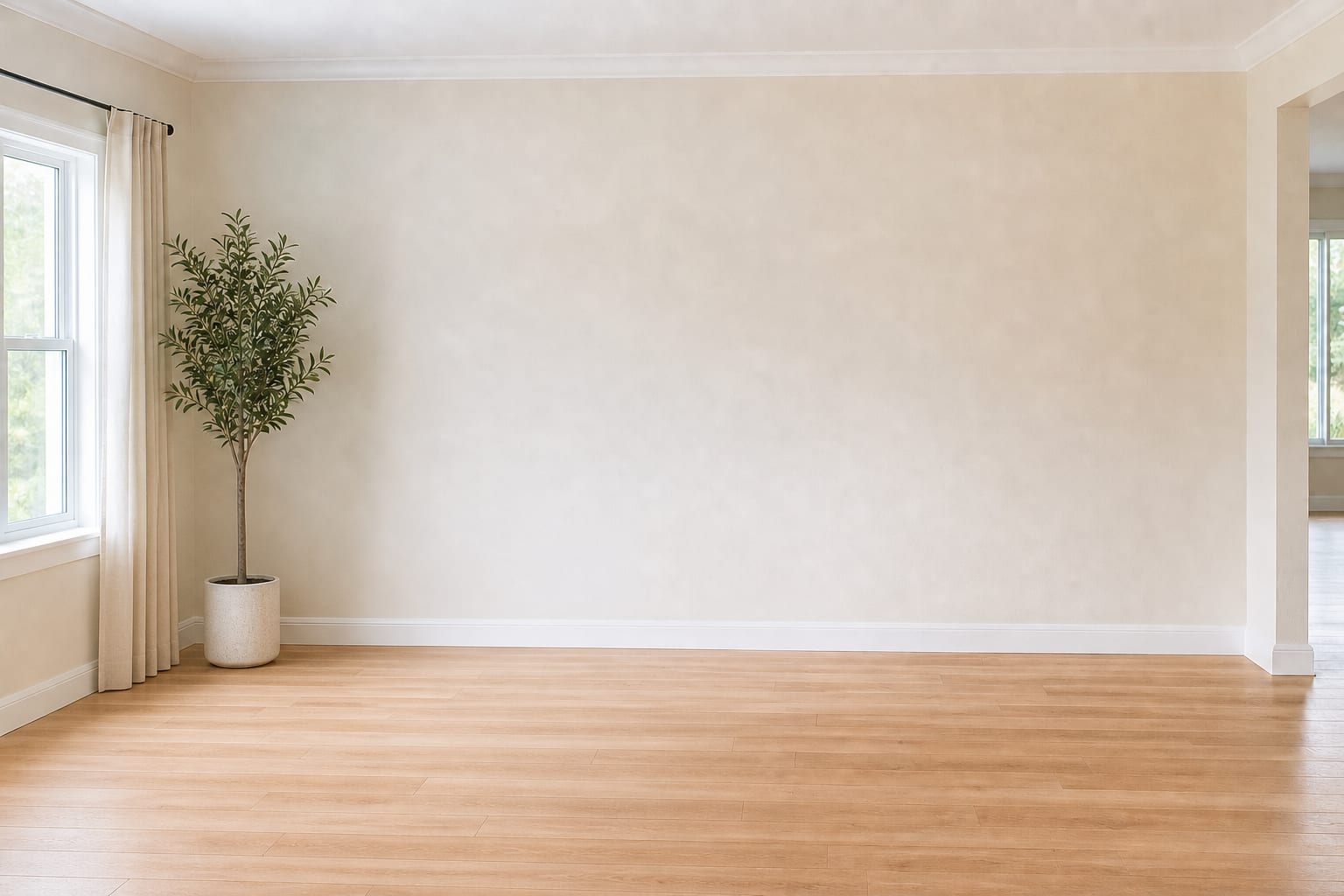 An empty dining room with bare walls and a wood floor